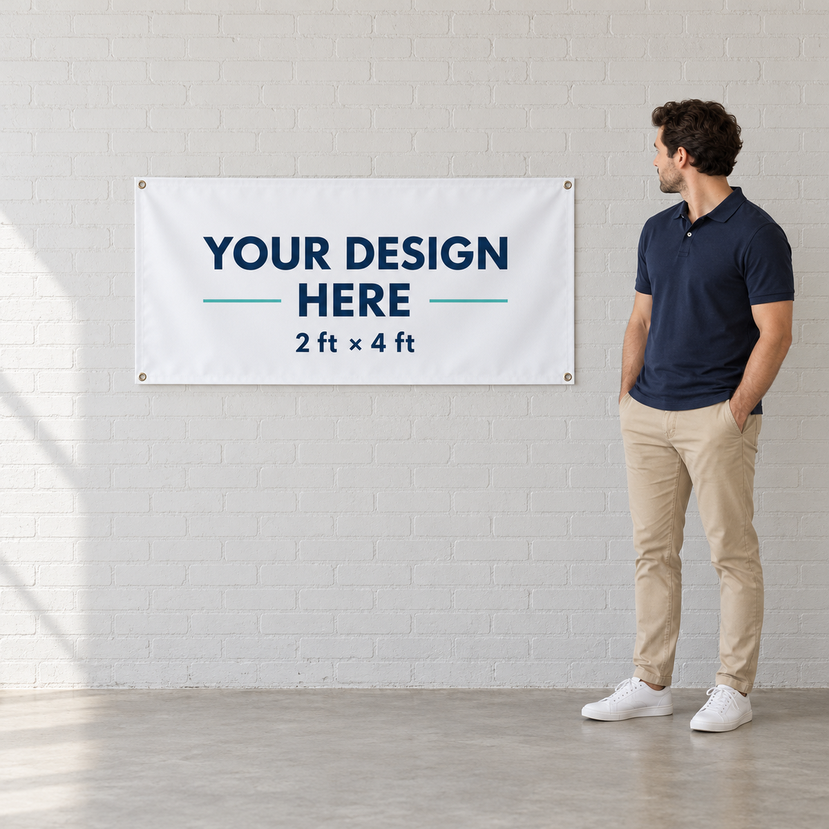 2x4 ft banner size comparison beside an adult