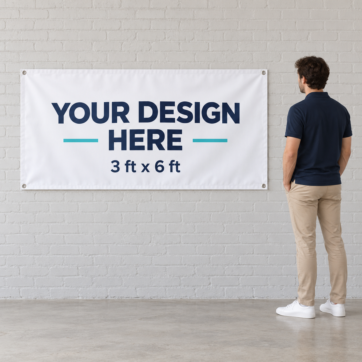 3x6 ft banner size comparison beside an adult