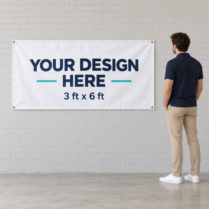 3x6 ft banner size comparison beside an adult