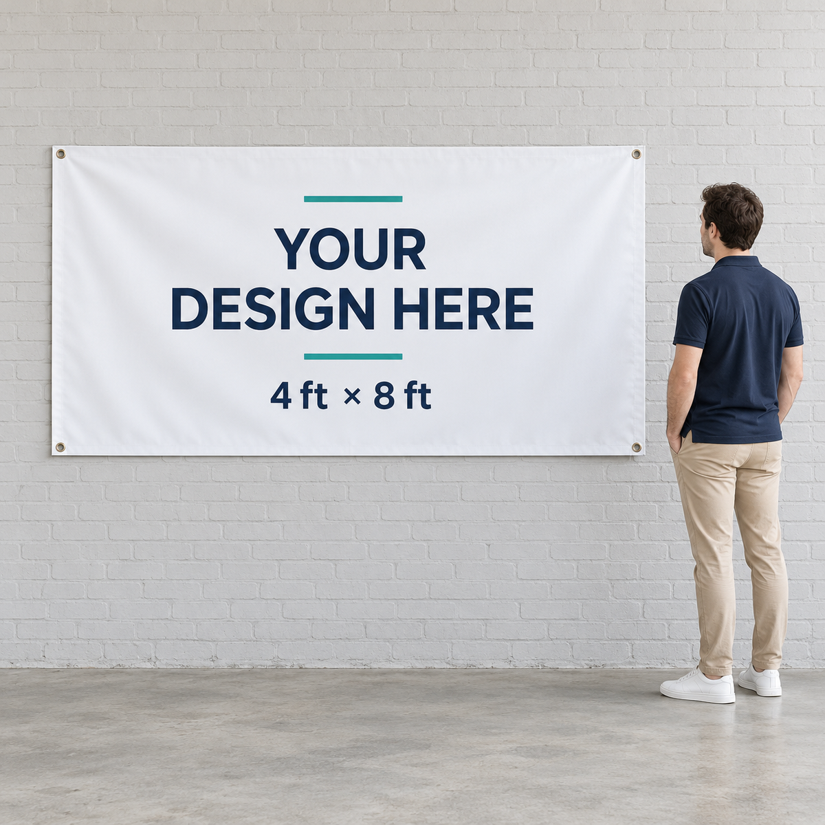 4x8 ft banner size comparison beside an adult