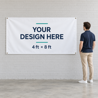 4x8 ft banner size comparison beside an adult