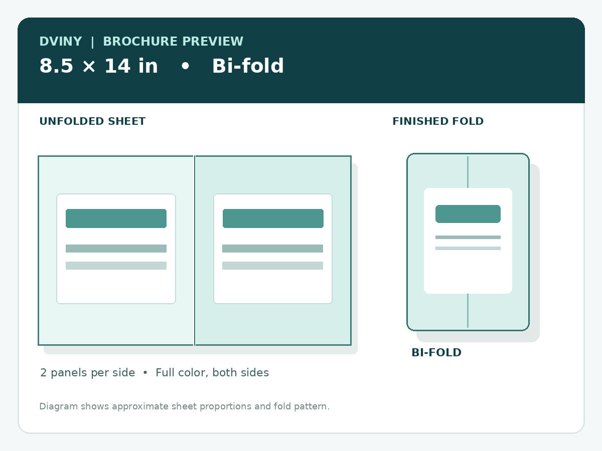 Brochure preview: 8.5 × 14 in, bi-fold