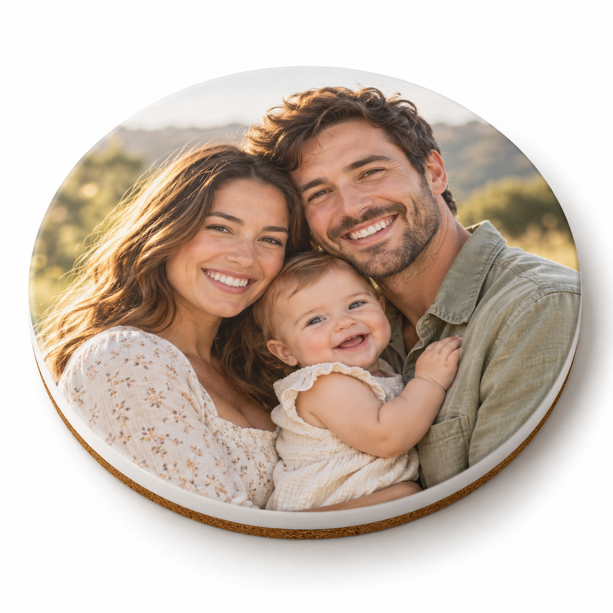 Round ceramic coaster with family photo — illustrative mockup
