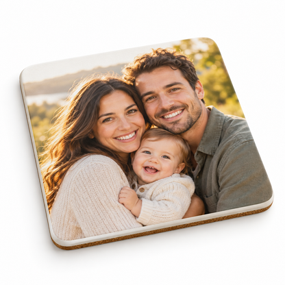 Square ceramic coaster with family photo — illustrative mockup