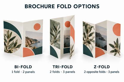 Brochure fold options — bi-fold, tri-fold, and Z-fold shown side by side