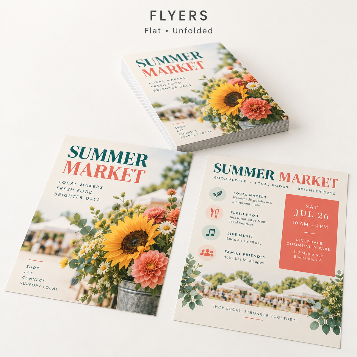 Flyers — flat, unfolded printed sheets with front and back examples