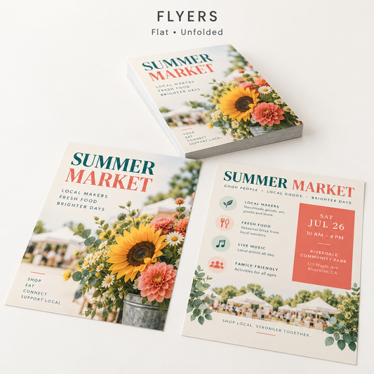 Flyers — flat, unfolded printed sheets with front and back examples