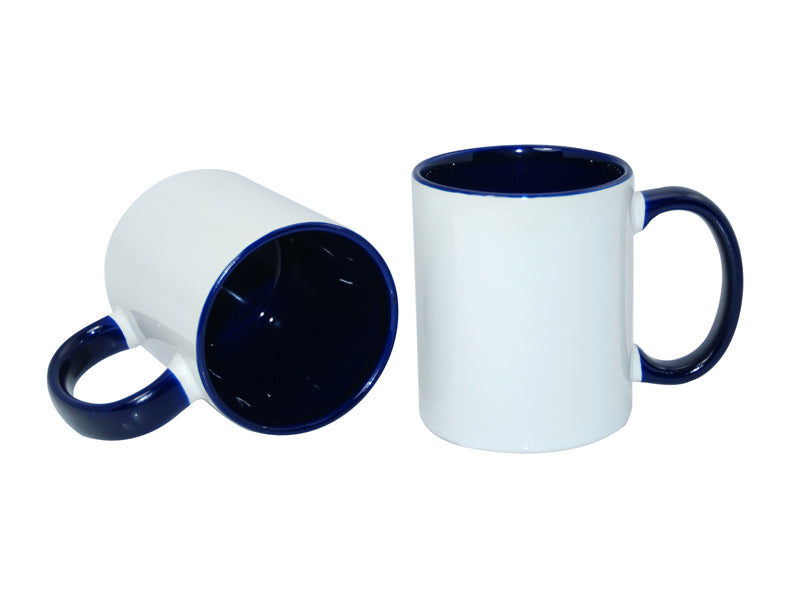 11 oz mug with blue interior and handle