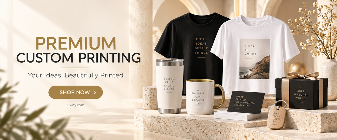 Dviny premium custom printing services banner on a light luxury background