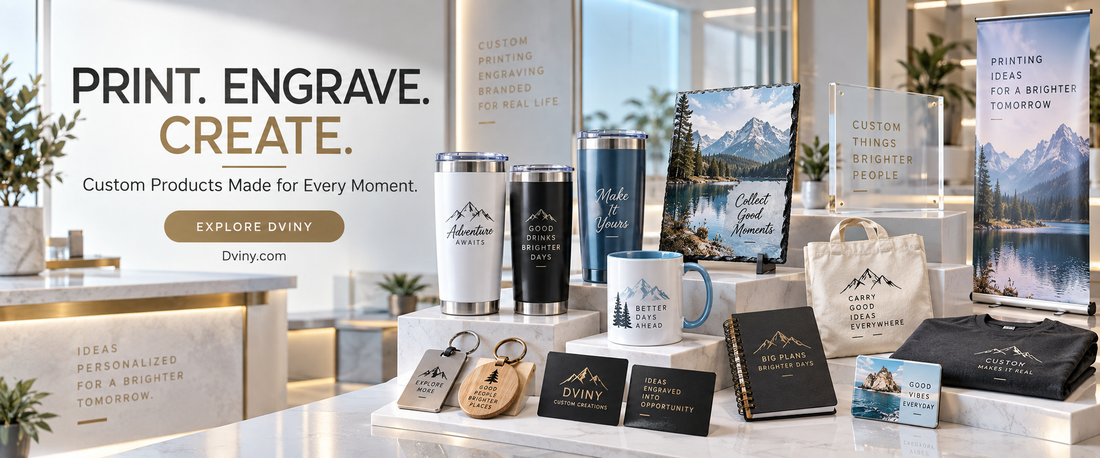 Dviny printing and engraving studio banner with tumblers, keychains, signs, cards and custom gifts