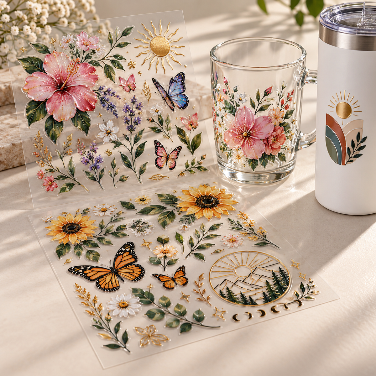 UV DTF transfer sheets and decorated drinkware