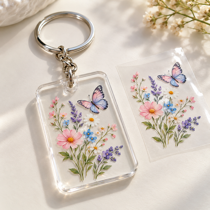 UV DTF transfer on an acrylic keychain