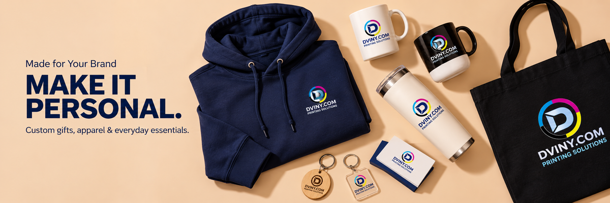 Dviny custom gifts and apparel product mockups on a warm background