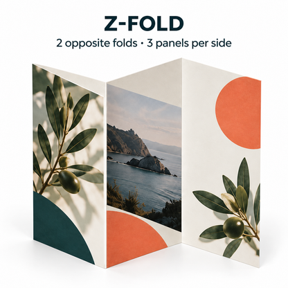 Z-fold brochure — two opposite folds, three panels per side