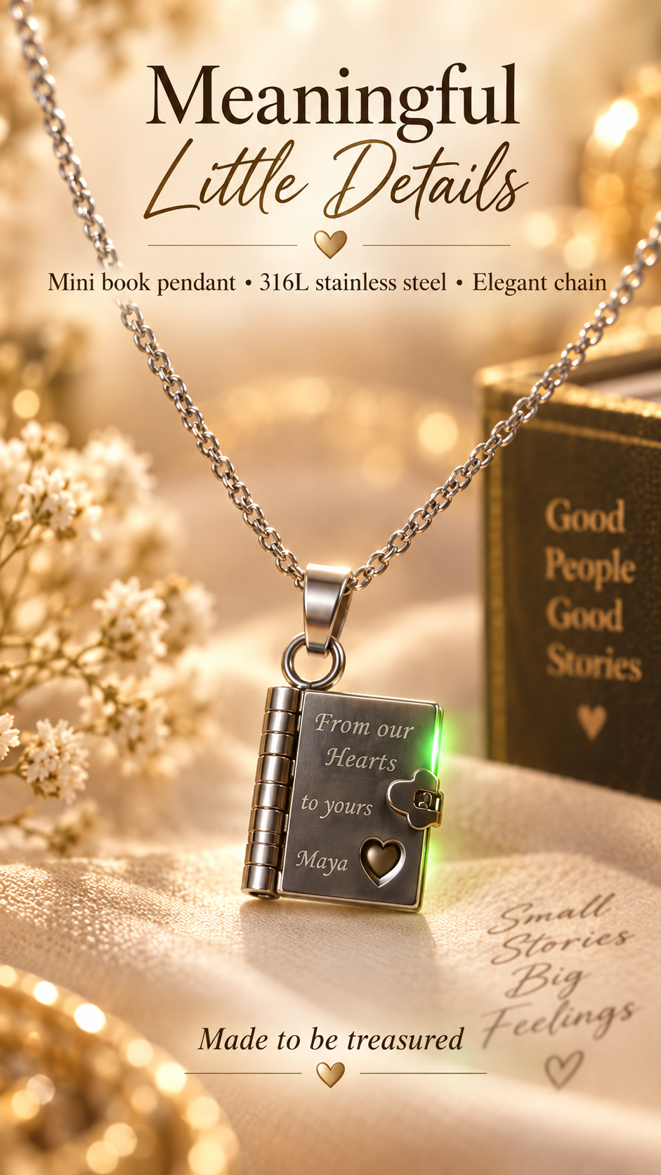 Meaningful Little Details stainless steel book necklace