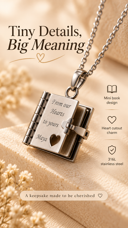 Tiny Details, Big Meaning mini book pendant necklace
